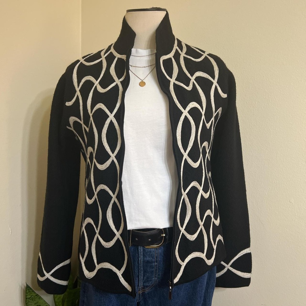Talbots 100% Wool Black and White Geometric Zip-Up Sweater Small